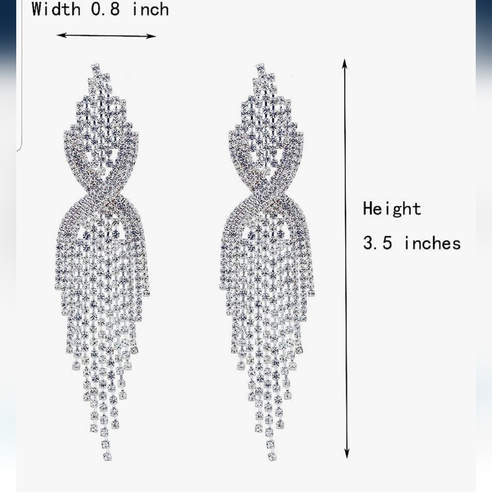 Set of 2 Pairs Chran Silver Teardrop Crystal Tassels Dangle Earrings Sparkling R - Picture 2 of 4